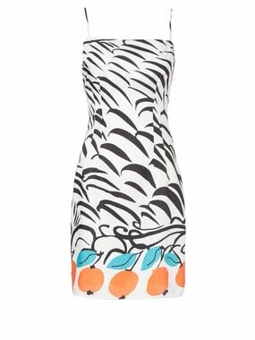 STAUD “Lemons Dress”~White with Black Print and Orange Fruit Hem~Sz S~$195~